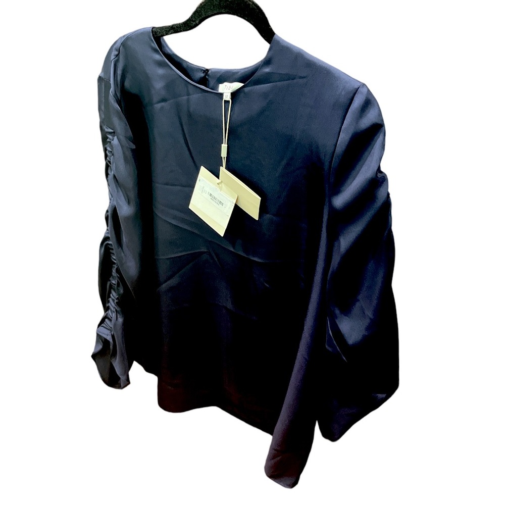 Tibi NWT Mendini shirted long sleeve satin Navy blouse size 12